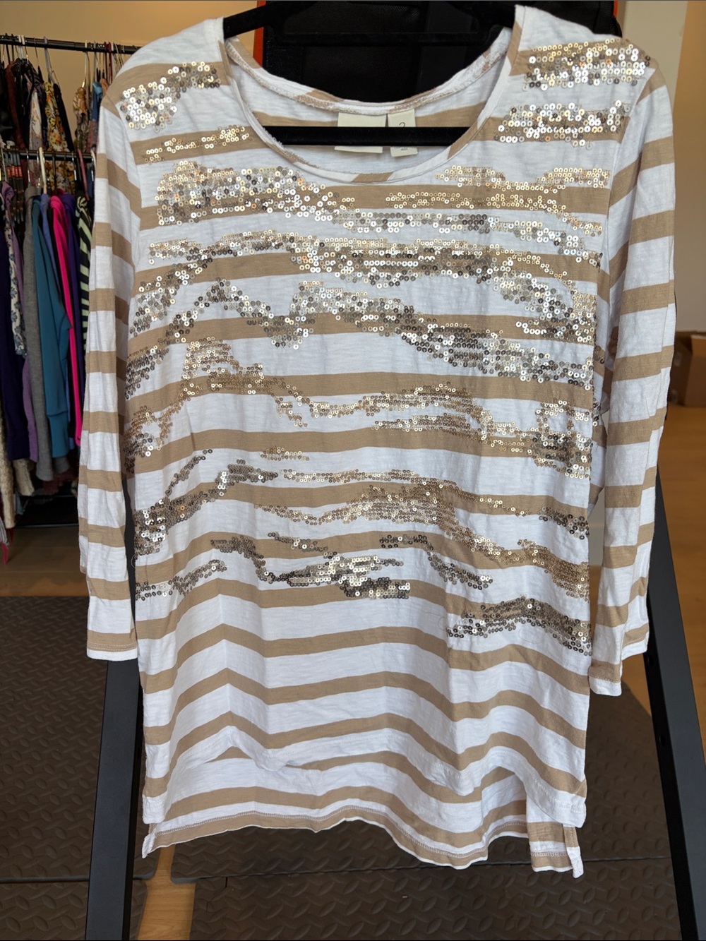 Sequin Stripe Long Sleeve Scoop Neck Top - White & Tan